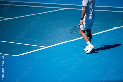 Amateur playing tennis at a tournament and match on blue tennis court in australia © William