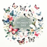 Happy Women's Day lettering surrounded by butterflies. on white background 