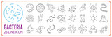Bacteria, probiotic and virus line icon set. Microbe, germ, cell, caviar, petri dish, immune system, medical pills or laboratory flask and more
