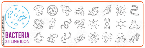 Bacteria, probiotic and virus line icon set. Microbe, germ, cell, caviar, petri dish, immune system, medical pills or laboratory flask and more photo