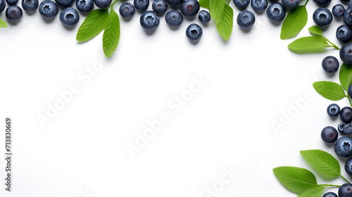 Fresh blueberries and leaves berry frame isolated on white background, generative ai photo