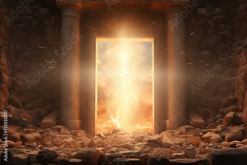 Stone door reveals resurrected jesus christ and cross for easter concept background