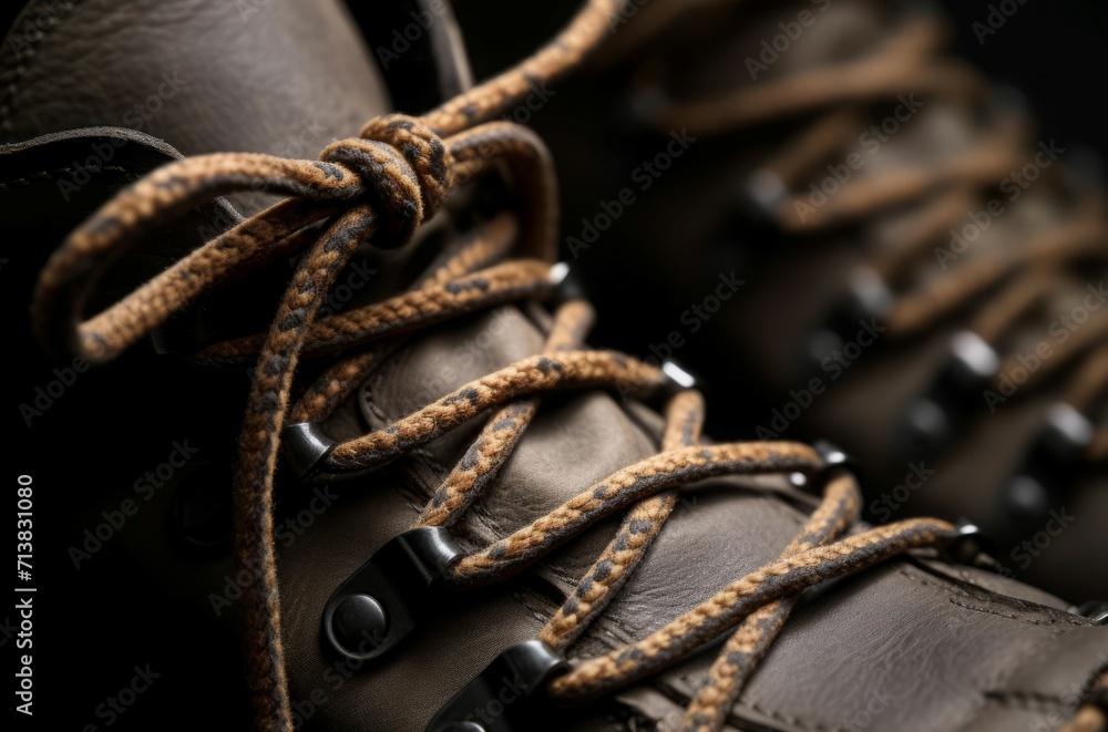 Leather hiking boots closeup. Brown camping trekking footgear equipment. Generate ai