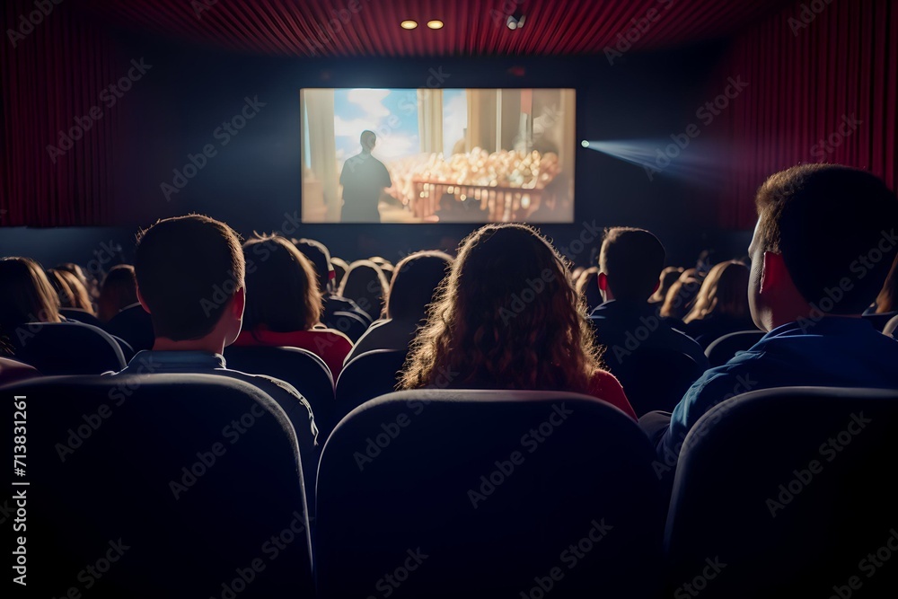 Rear view of people watching a film in the cinema Rear view of people watching a film in the cinema