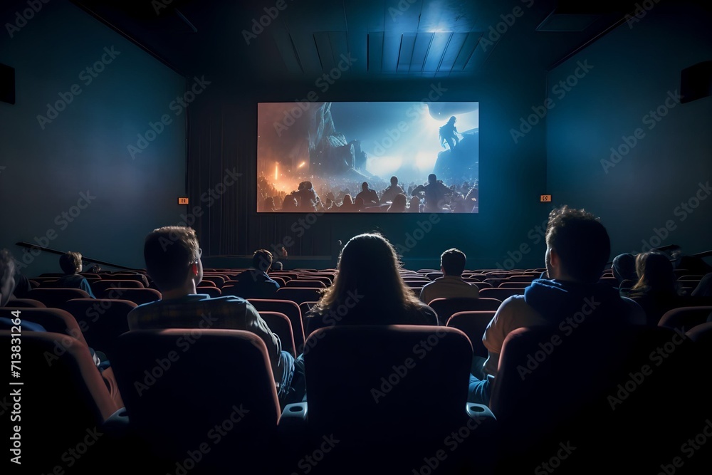 Rear view of people watching a film in the cinema Rear view of people watching a film in the cinema