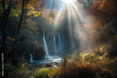 Breathtaking morning view of crystal clear waterfall in Plitvice National Park, Croatia. Serene autumn scenery and abandoned wonders of nature. Generative AI