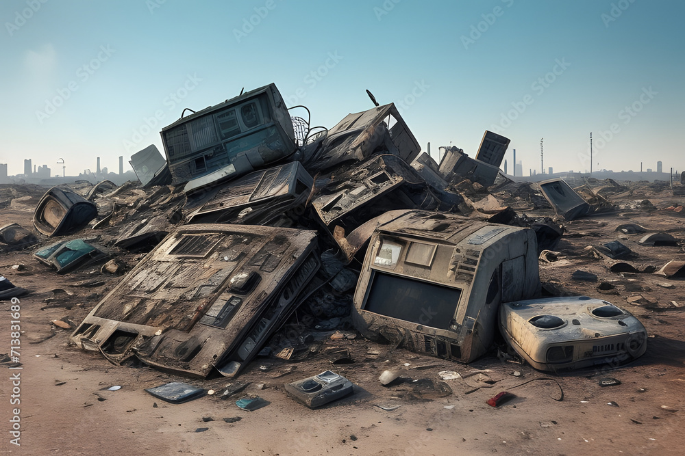 E-Waste Graveyard: Discarded Electronics Pile, Environmental Concern Concept - AI E-Waste Graveyard: Discarded Electronics Pile, Environmental Concern Concept - AI