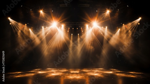 Glamorous stage setup with vibrant spotlights casting a captivating glow on the dark background