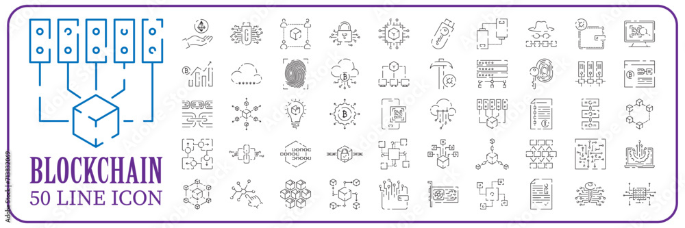Blockchain vector line icon set or design element in outline style