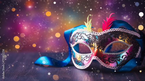 Festive Purple Masquerade Mask with Colorful Feathers for Carnival. Celebratory Background with Glitter. Elegant Festival Decor. Holiday Pageant and Mardi Gras Concept.