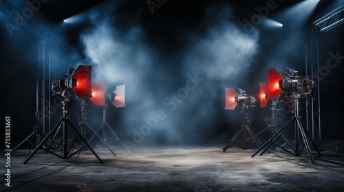 Dynamic stage lighting with spotlights illuminating performers on black background