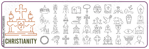 Christianity line icon set. Vector religion related icons. Bible, church and cross or Jesus photo