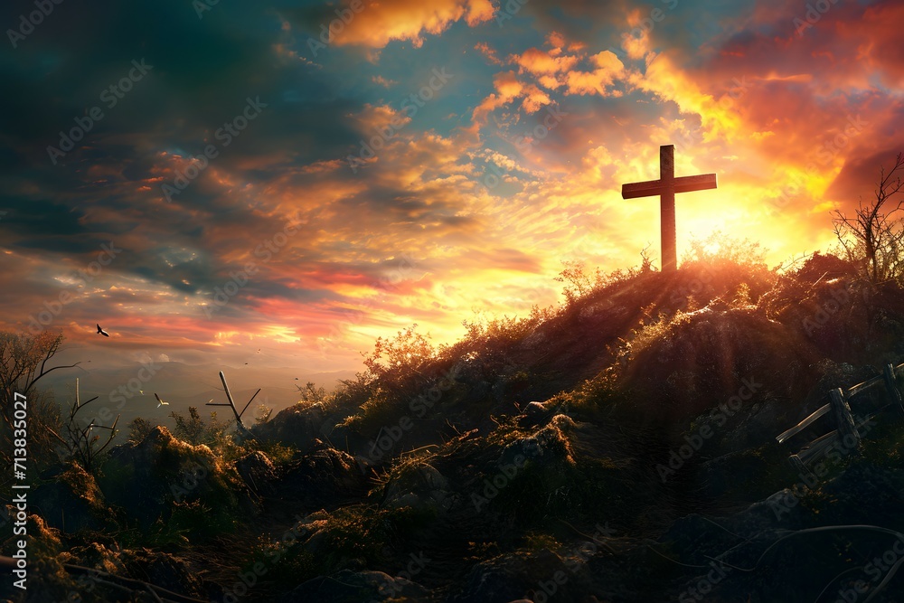 Sacred Sunrise: Cross on a Mountain Peak