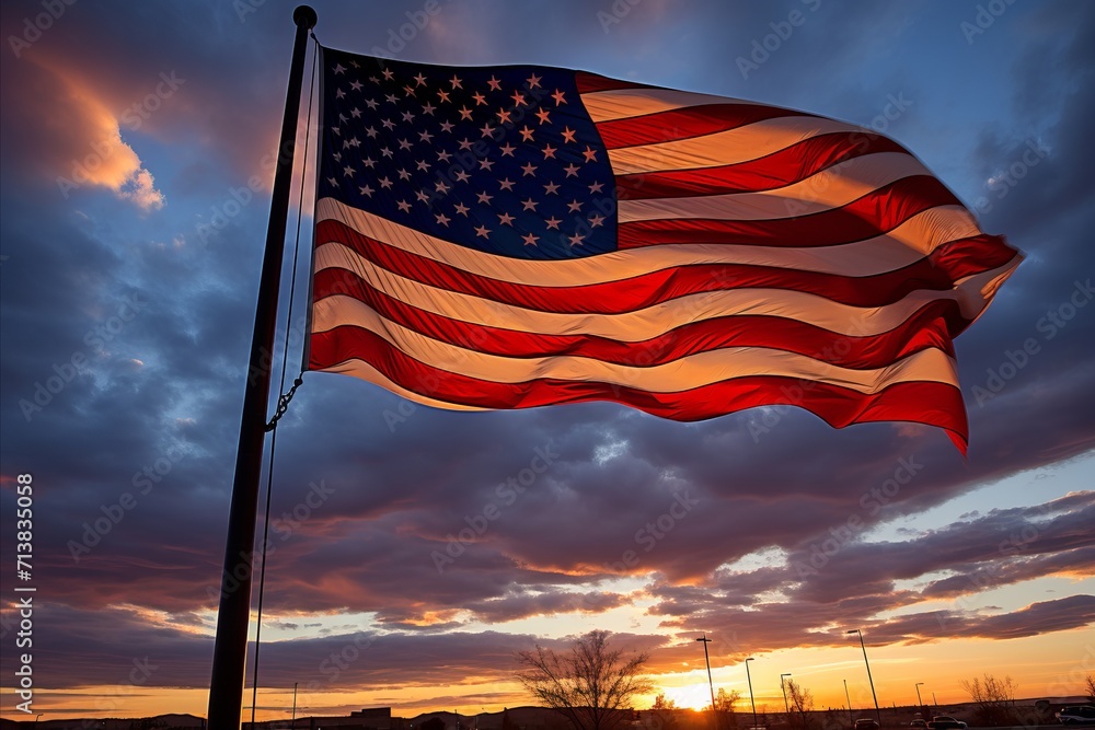 Spectacular american flag silhouette flying proudly at sunset, symbolizing freedom and patriotism