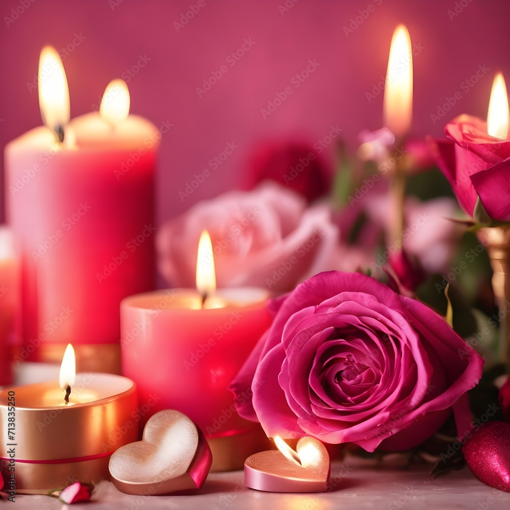 Valentine's day background in pink tones with, rose flowers and burning candles, horizontal luxury glamour romantic backdrop Valentine's day background in pink tones with, rose flowers and burning candles, horizontal luxury glamour romantic backdrop