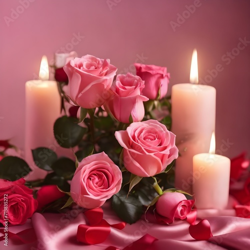 Valentine's day background in pink tones with, rose flowers and burning candles, horizontal luxury glamour romantic backdrop 