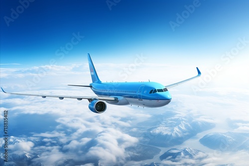 Stunning panoramic blue sky with commercial airplane soaring in a majestic flight