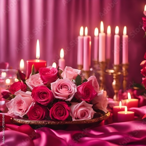 Valentine's day background in pink tones with, rose flowers and burning candles, horizontal luxury glamour romantic backdrop 