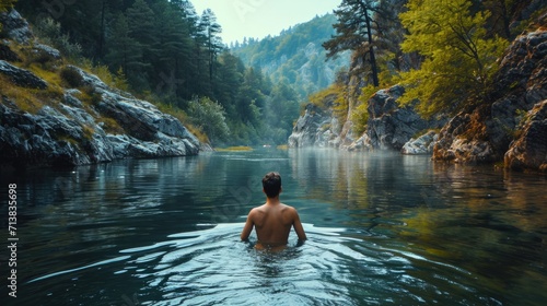 Man swimming in a mountain river  © ArtBox