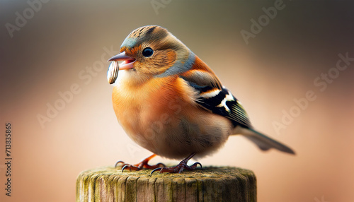 A colorful chaffinch bird perched on a wooden post, holding a sunflower seed in its beak, with a soft focus background.Bird behavior concept. AI generated.
