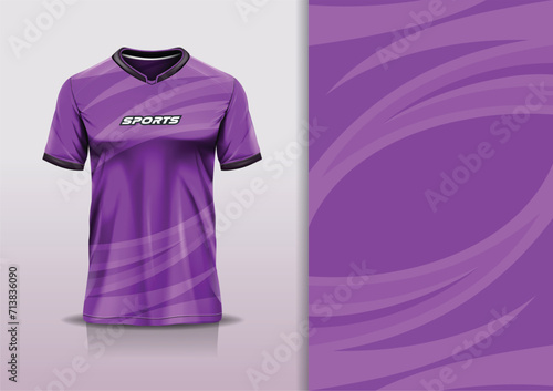 T-shirt mockup with abstract curve line sport jersey design for football, soccer, racing, esports, running, in purple color