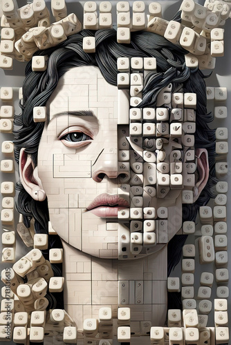 The anatomy of a human head made of domino pieces and shels, generated by Ai