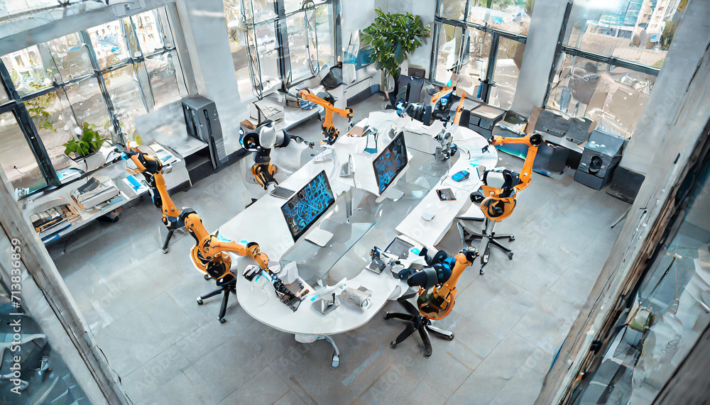 Interior of futuristic office with AI robots working inside. Generative ...