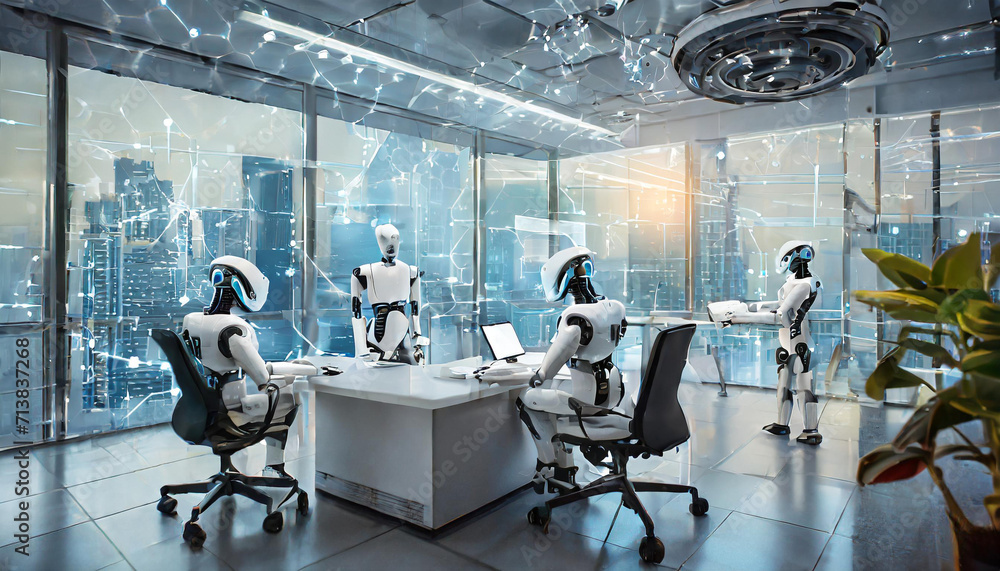 Fototapeta premium Interior of futuristic office with AI robots working inside. Generative AI.