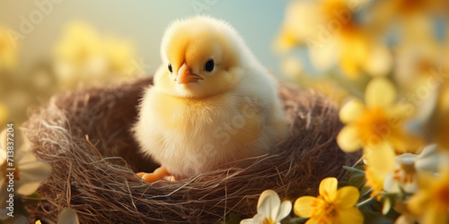 Fluffy yellow lumps in form of chicken hatching from egg, Yellow chick in a nest . photo