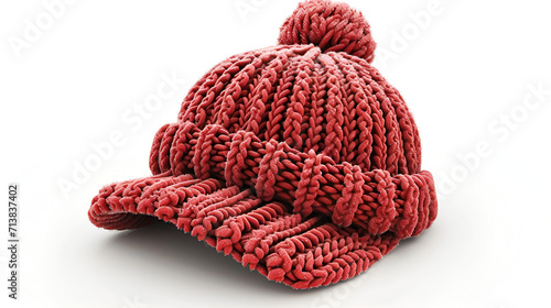 3d red knitted winter cap on white background, generative ai