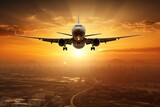 Breathtaking panoramic sunset view with majestic airplane flying through the golden sky