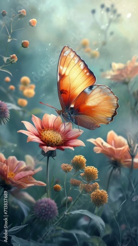 Butterfly and Flowers Cute Wallpaper, generative ai © Rika