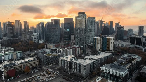 Seattle Sunrise Aerial Hyperlapse of Construction Crane on City Building photo