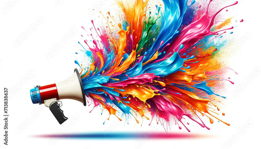A megaphone ejecting an explosive burst of colorful paint splashes against a white background, symbolizing vibrant communication or announcement,with copy space.Communication concept. AI generated. - obrazy, fototapety, plakaty 