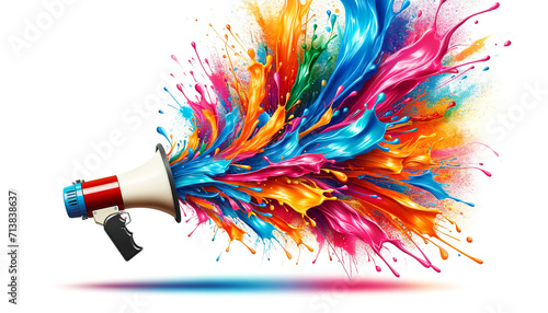 A megaphone ejecting an explosive burst of colorful paint splashes against a white background, symbolizing vibrant communication or announcement,with copy space.Communication concept. AI generated. photo