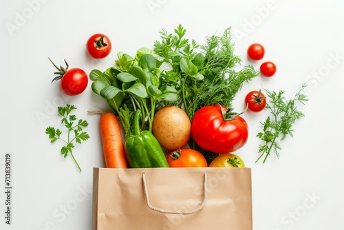 Grocery shopping concepts: Realistic and minimalist photography of top view of a paper bag overflow with organic foods, flat lay, isolated on white background.