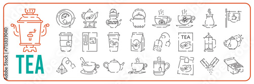 Teacup line icon icon set. Teapot or samovar flat icon. Thin line signs for design logo, visit card. Symbol for web design or mobile app. Cup outline pictogram