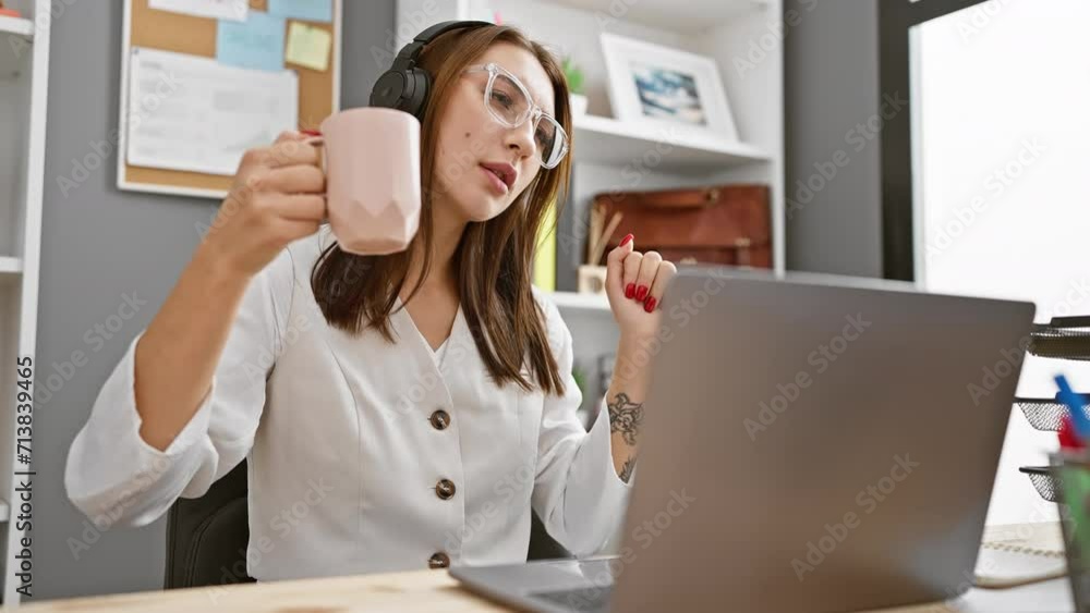 A young woman enjoys a coffee break at her office desk with headphones and a laptop. A young woman enjoys a coffee break at her office desk with headphones and a laptop.