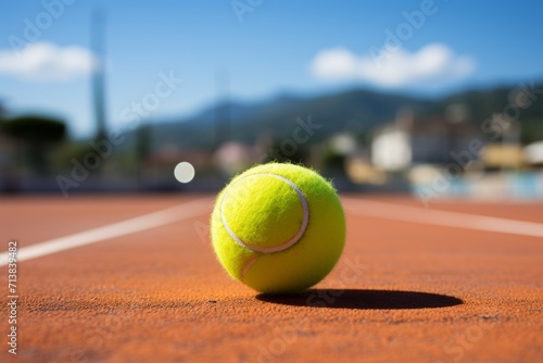 A green ball lies on an outdoor tennis court generated AI © Tatiana