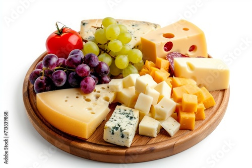 Realistic photography of Cheese wooden plate full of delicatessen, front and close-up view, classic and elegant atmosphere, isolated on white background.