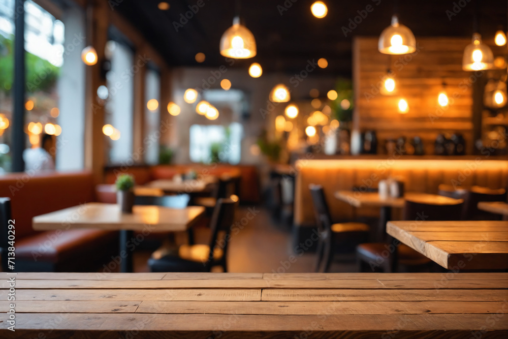 Wooden table blurred background of restaurant of cafe with bokeh