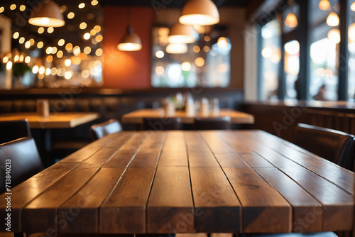 Wooden table blurred background of restaurant of cafe with bokeh