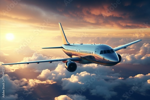 Panoramic view of majestic sunset skyline with an airplane flying towards the horizon