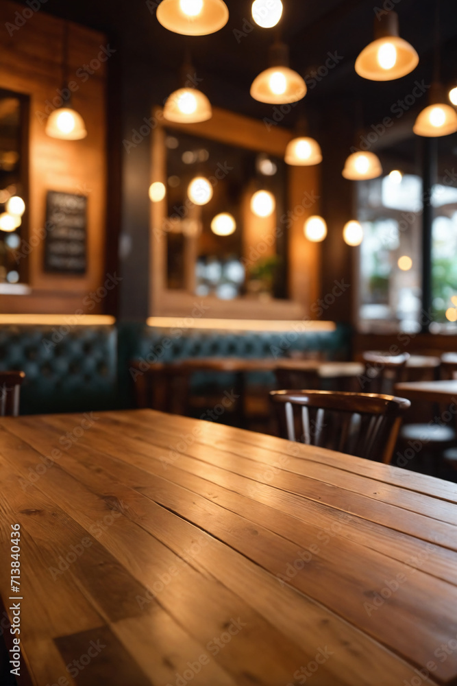 Wooden table blurred background of restaurant of cafe with bokeh Wooden table blurred background of restaurant of cafe with bokeh