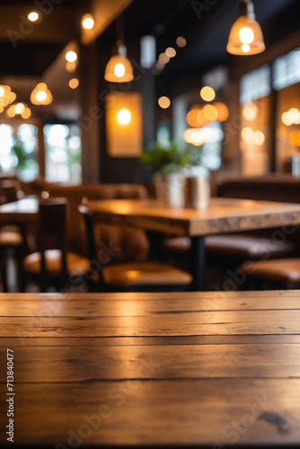 Wooden table blurred background of restaurant of cafe with bokeh © Giuseppe Cammino