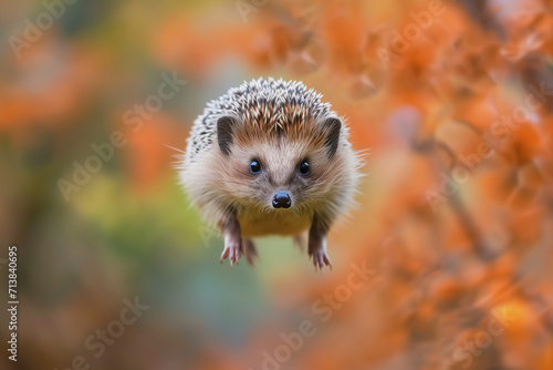 a hedgehog jumps on the ground. freedom the hedgehog runs through the autumn forest dynamic scene leaves fly. A hedgehog hunting for food in an old log. Hedgehog flying at the air