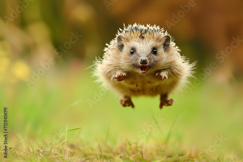 a hedgehog jumps on the ground. freedom the hedgehog runs through the autumn forest dynamic scene leaves fly. A hedgehog hunting for food in an old log. Hedgehog flying at the air photo
