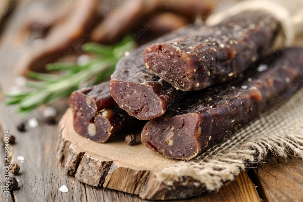 Air dried delicious artisanal beef sausage on white table with wooden desk. Air dried delicious artisanal beef sausage on white table with wooden desk.