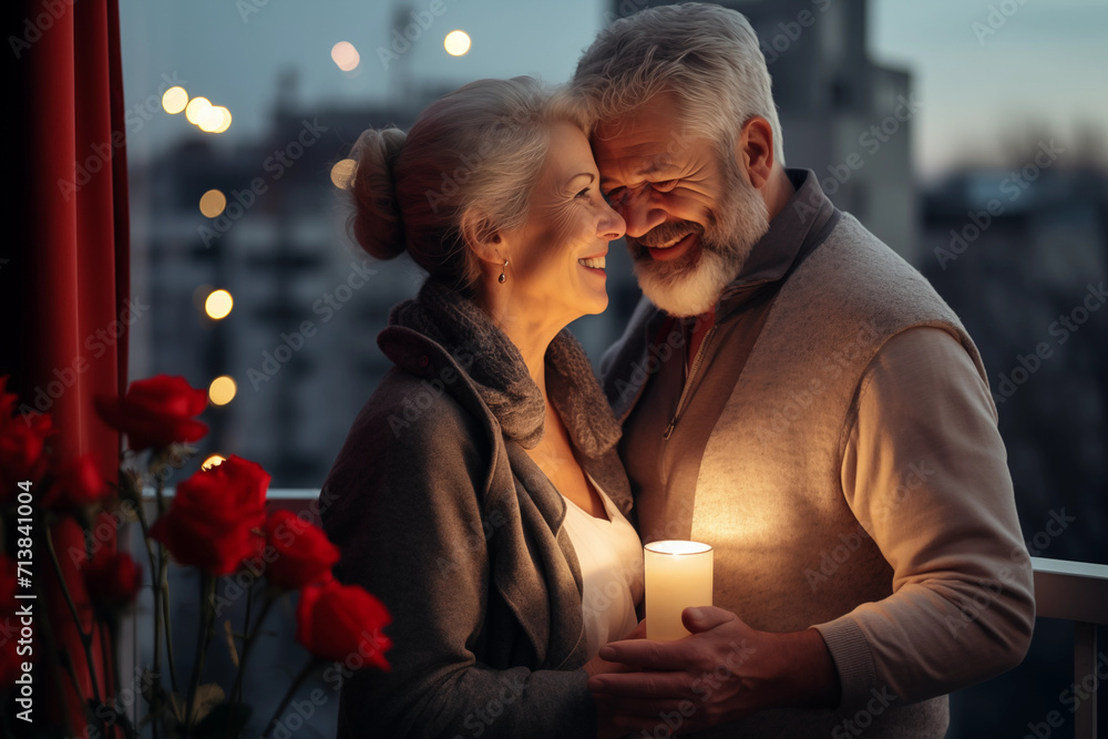 Fototapeta premium Senior couple in love on Valentine's Day on balcony