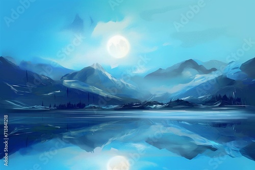 digitally created artwork capturing a serene blue alpine landscape. Generative AI photo